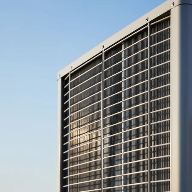 Close-up of an outdoor air conditioning unit with metal grilles against a blue sky.