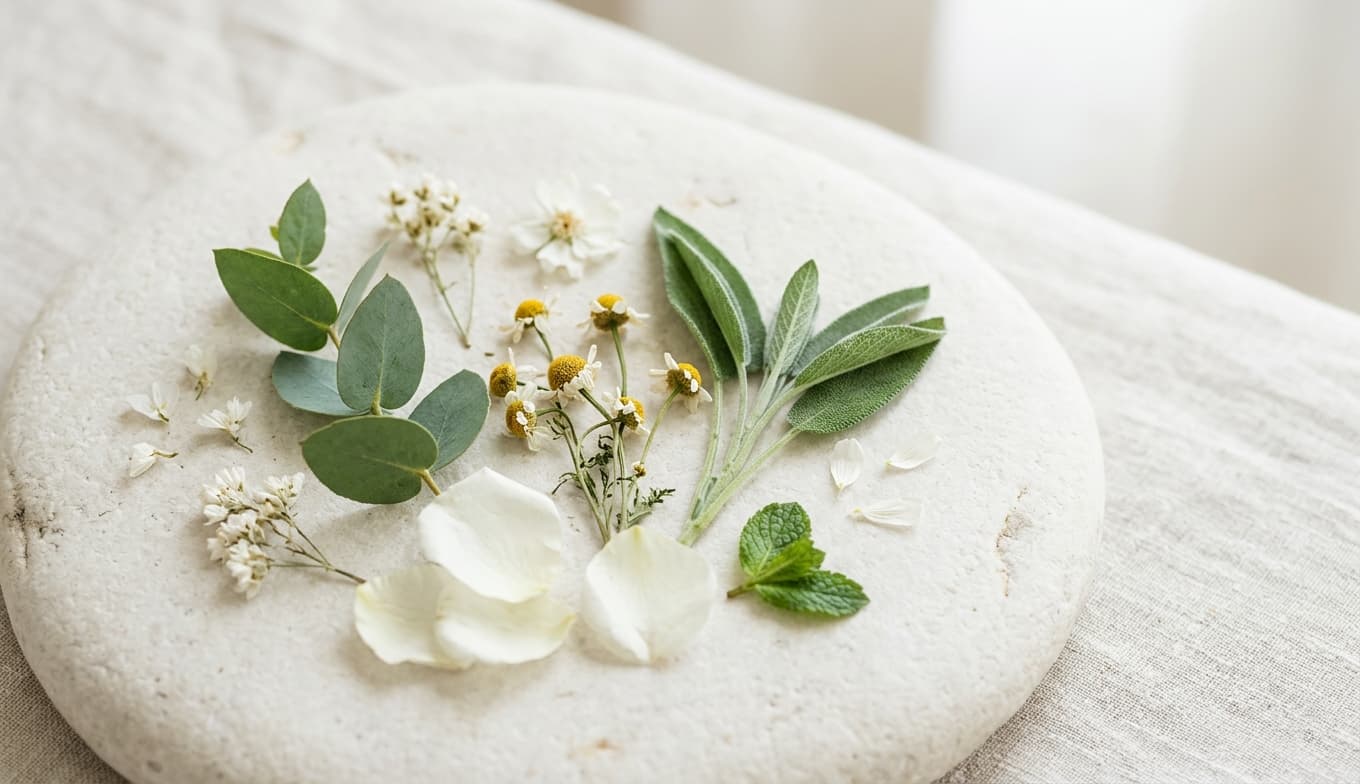 Fresh herbs and white flowers arranged on a large, smooth, round white stone surface.