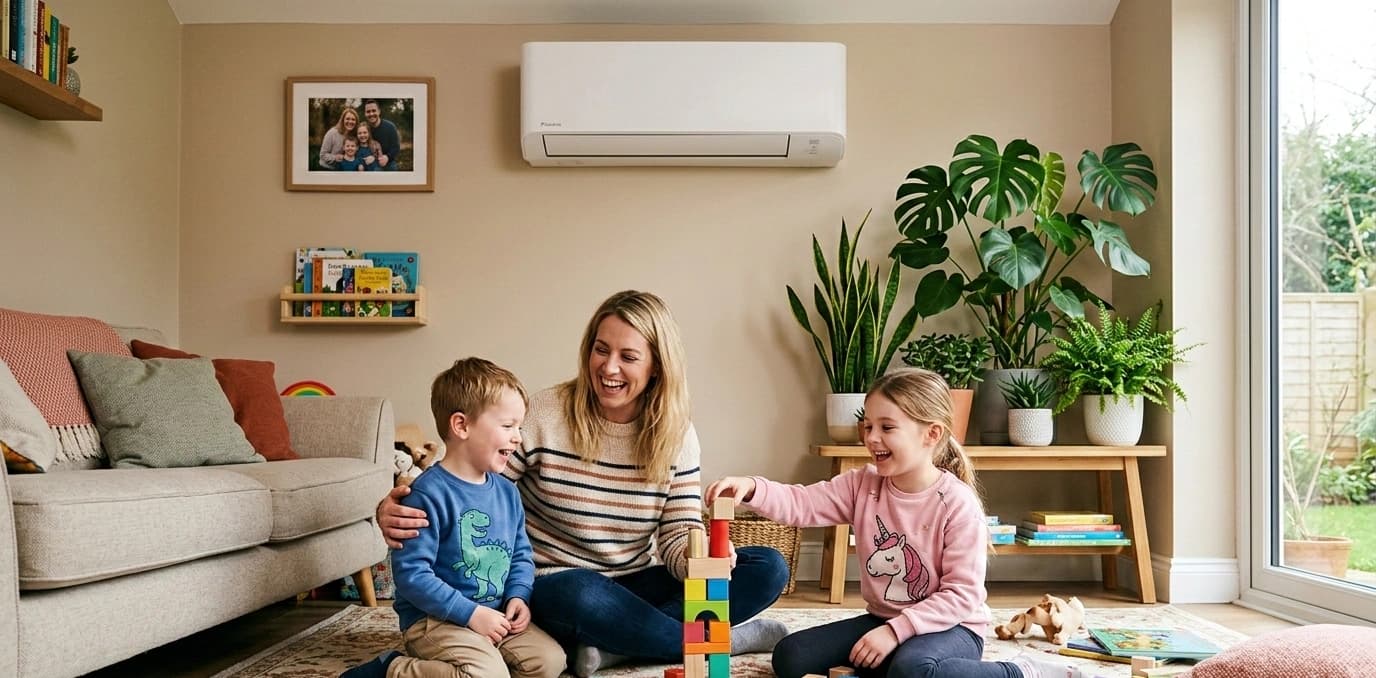 Mother and children laughing while playing with blocks in a living room with air conditioning.