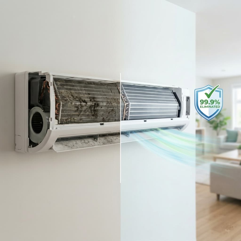 Split-view of a dirty air conditioner versus a clean unit with 99.9% of germs eliminated.